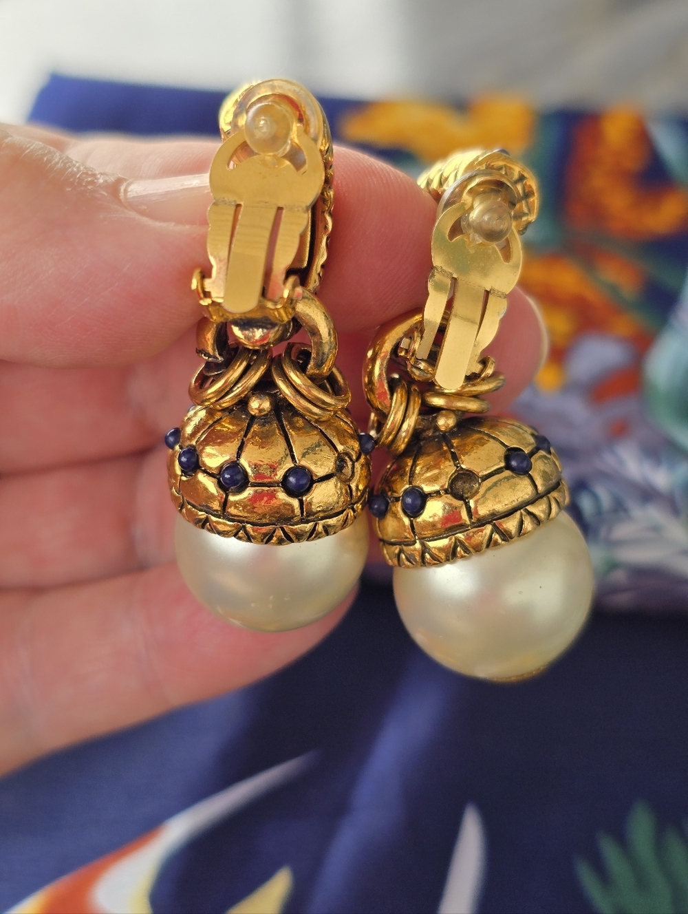 Loewe Vintage Gold-Tone Pearl Drop Clip On 2.25"Earrings with Blue Accents - Picture 3 of 8